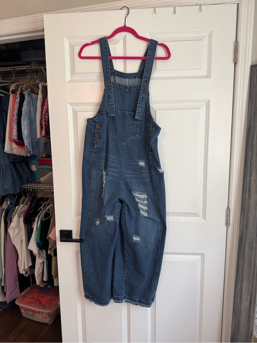 Classic Blue Distressed Denim womens oOne-Piece Overalls